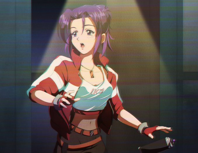 An anime-style illustration of a purple-haired female character wearing a red and white jacket over a blue top, appearing surprised with her mouth open.