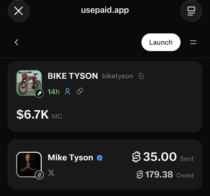A mobile screenshot from usepaid.app showing a token called 'BIKE TYSON' (biketyson) with a market cap of $6.7K MC, and a payment record to Mike Tyson ($35.00 Sent, $179.38 Owed).