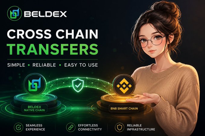 A promotional graphic for Beldex titled 'CROSS CHAIN TRANSFERS' features an illustrated woman holding a golden Binance coin, with text 'SIMPLE • RELIABLE • EASY TO USE' and listing 'SEAMLESS EXPERIENCE', 'EFFORTLESS CONNECTIVITY', and 'RELIABLE INFRASTRUCTURE'.