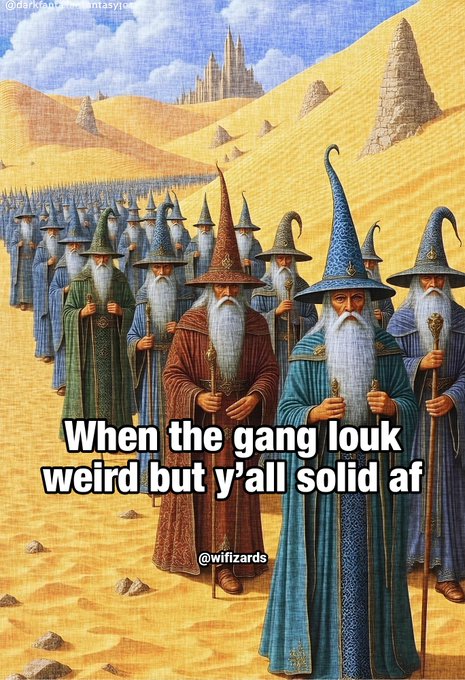 A group of identical bearded wizards in pointy hats and robes stand together in a desert landscape with pyramids, captioned "When the gang louk weird but y'all solid af" with "@wifizards" visible, suggesting a unified and quirky NFT collection heading to OpenSea.