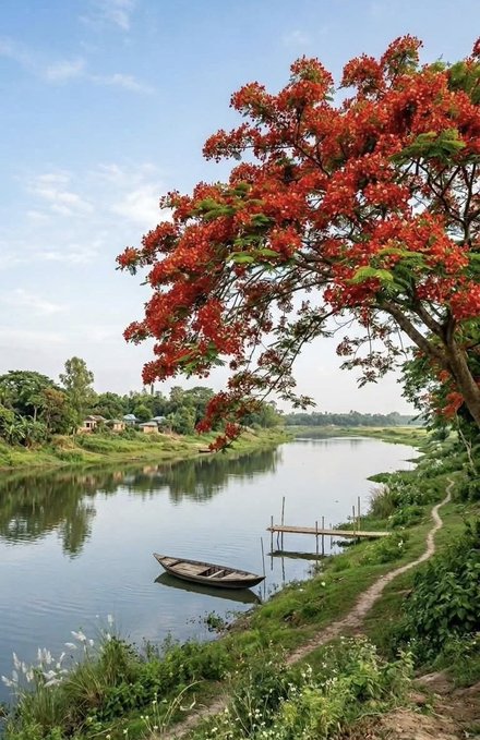 The image features a beautiful river with a boat floating on its surface near the shoreline. The sky above has some clouds, suggesting that it might be early morning or late afternoon when the sun's rays are not too strong. In the background, there is a large tree with red flowers, adding to the picturesque scenery of the scene. The post includes text such as "Good morning my X family Happy friday,today your plan @NomismaNetwork Alpha @useTria @River4fun".