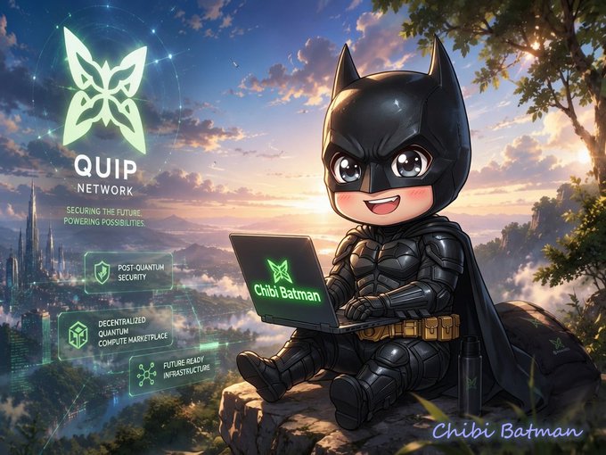 A digital artwork for 'QUIP NETWORK' features a 'Chibi Batman' character sitting on a rock using a laptop with a green logo, set against a fantasy landscape with a futuristic city.
