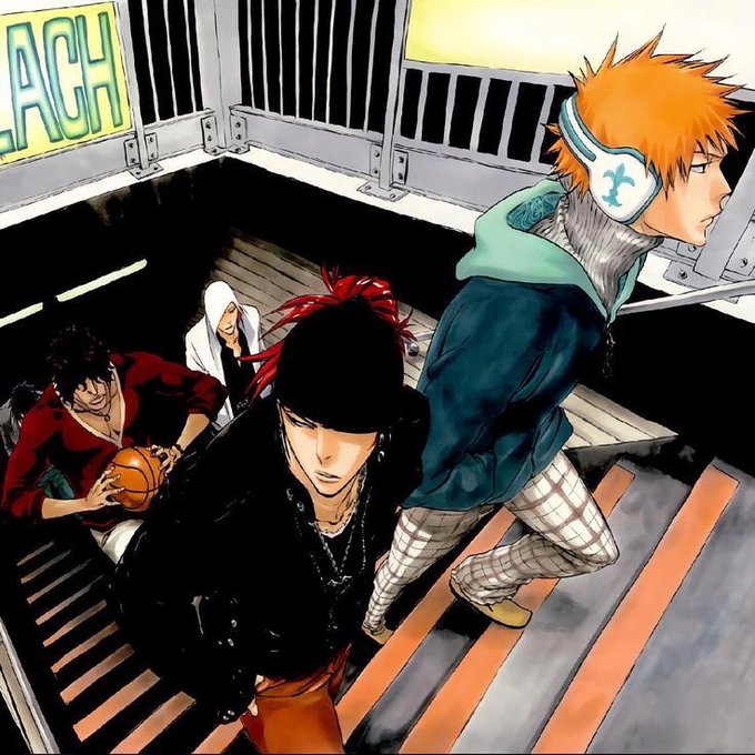 Anime-style artwork showing several characters walking down a staircase, including a prominent orange-haired character wearing headphones and fishnet stockings.