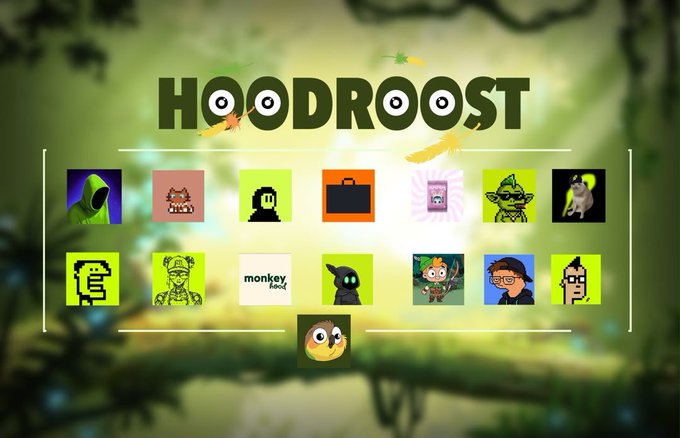 The image shows the “HOODROOST” logo above a grid of 15 NFT-style collection avatars, illustrating the “r00stlist” eligibility list mentioned in the post. A monkey logo appears below, and no collection names or tickers are clearly visible.