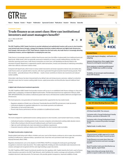 A screenshot of a GTR (Global Trade Review) article titled 'Trade finance as an asset class: How can institutional investors and asset managers benefit?' dated July 8, 2024, discussing XDC TradeFlow USDC Feeder Fund and tokenization.