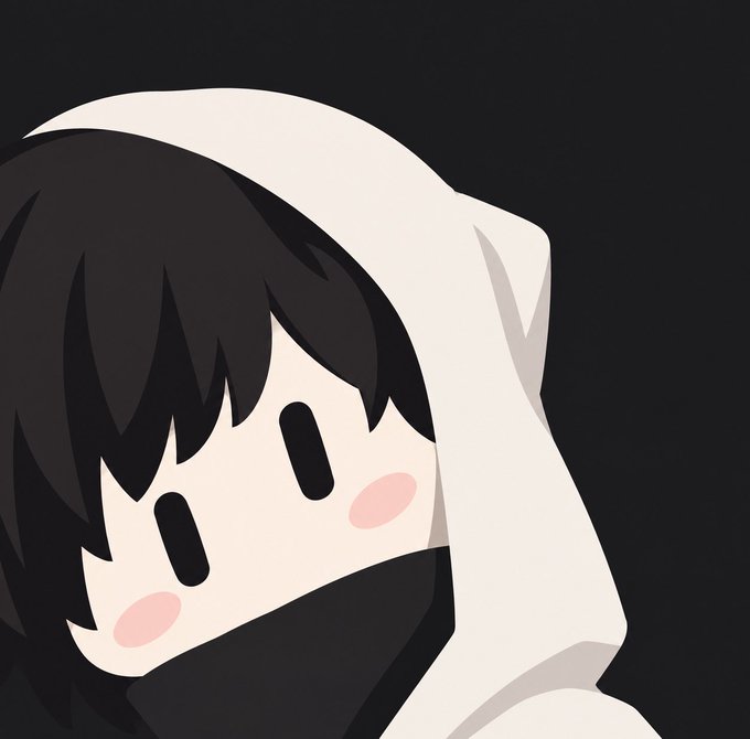 A minimalist chibi-style illustration of a character with short black hair, rosy cheeks, wearing a white hooded garment against a black background.