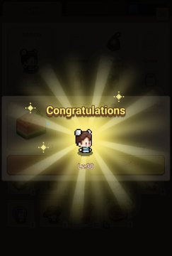 A similar game "Congratulations" screen displays the unlocking of "Lv. 1," a pixel-art character with a baseball cap appearing against a bright, starry burst background.