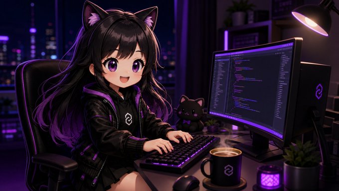 An anime-style illustration of a black-haired girl with cat ears wearing a black jacket, working on code at a computer setup with purple lighting and a small black cat.