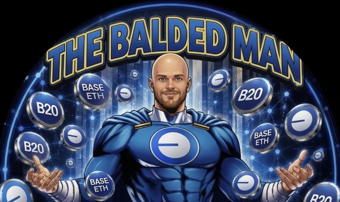 A superhero-style illustration titled 'THE BALDED MAN' showing a bald man in a blue costume surrounded by floating cryptocurrency coins labeled BASE ETH and B20.
