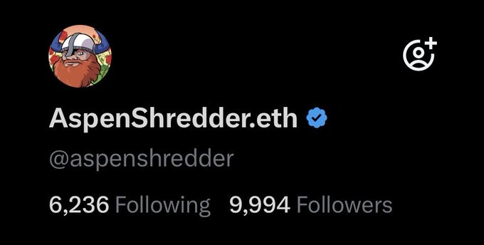 A profile screenshot shows the username 'AspenShredder.eth' with a verified checkmark, a Viking avatar, and follower stats of 6,236 Following and 9,994 Followers.