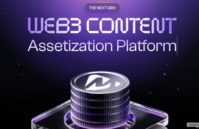A promotional graphic for a Web3 Content Assetization Platform featuring a stack of silver coins with an 'N' logo against a purple cosmic background.