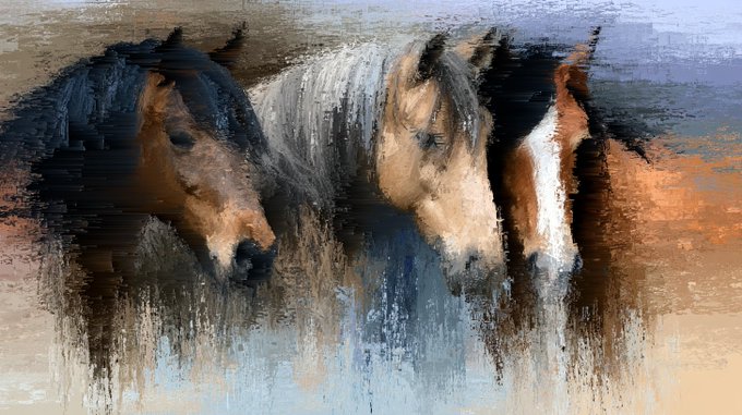Three horses stand together in a digitally distorted composition with VHS-style glitch effects and pixel sorting, reflecting the "Humanity's Silent Mirror" theme of the artist's NFT collection on the Tezos blockchain.