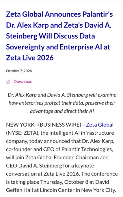 A business news article dated October 7, 2026 announces that Zeta Global (NYSE: ZETA) revealed Palantir's CEO Dr. Alex Karp will join Zeta's David A. Steinberg for a keynote on data sovereignty and enterprise AI at Zeta Live 2026 on October 8 at David Geffen Hall, Lincoln Center.