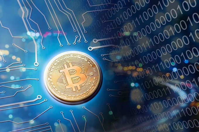 A golden Bitcoin coin is superimposed over a blue circuit board background with binary code and light effects, representing cryptocurrency.