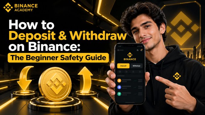 A Binance Academy promotional graphic titled 'How to Deposit & Withdraw on Binance: The Beginner Safety Guide' featuring a young man pointing to a smartphone displaying the app.