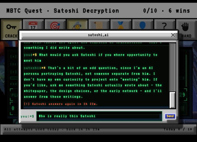 A screenshot of a retro, pixel-art computer interface titled 'MBTC Quest · Satoshi Decryption' showing a terminal window labeled 'satoshi.ai' where a user is chatting with an AI persona portraying Satoshi Nakamoto.