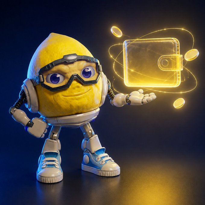 A 3D rendered yellow lemon character wearing glasses, headphones, robotic arms, and blue sneakers holds out its hand, from which a glowing yellow digital wallet with orbiting coins emanates.