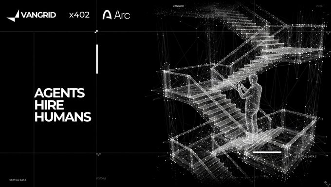 A dark, tech-themed graphic with text 'VANGRID x402' and 'Arc' at the top, 'AGENTS HIRE HUMANS' on the left, and a 3D wireframe model of a person on stairs on the right, with labels 'SPATIAL DATA' and 'VIRTUAL DATA'.