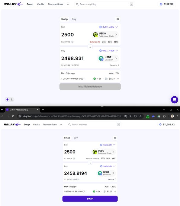 Two screenshots of the Relay crypto swap interface, one showing an 'Insufficient Balance' error and another showing a successful swap of USDG to USDT with transaction details visible.