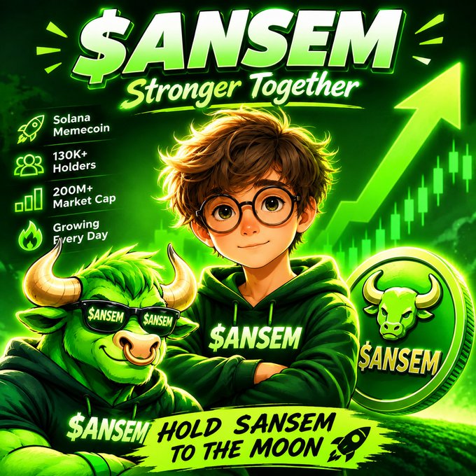 A vibrant green promotional crypto graphic featuring an anime-style boy with glasses and a green bull mascot, both wearing '$ANSEM' branded merchandise, with text reading '$ANSEM Stronger Together', 'HOLD SANSEM TO THE MOON', and market stats like '130K+ Holders' and '200M+ Market Cap'.