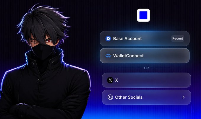 A login interface for a digital wallet featuring an anime-style character in a black mask, with options for "Base Account" (marked Recent), "WalletConnect", "X", and "Other Socials".
