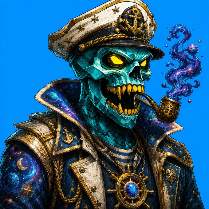 A vibrant digital illustration of a skeletal pirate captain wearing a star-adorned captain's hat with an anchor emblem, smoking a pipe that emits galaxy-patterned smoke, set against a bright blue background.