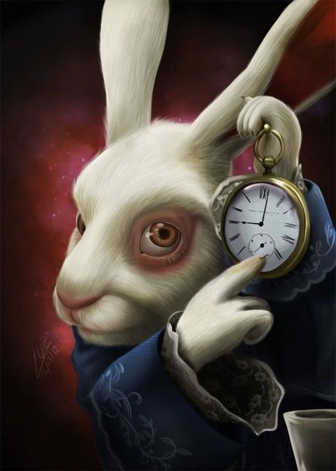 A white rabbit dressed in a blue Victorian-style coat holds up a vintage pocket watch showing nearly 3:00, with the timepiece serving as a clever metaphor for the post's observation that meme coin trends on Robinhood are fleeting and time-sensitive. The image evokes an Alice in Wonderland "rabbit hole" theme, suggesting investors must act quickly before the window of opportunity—before extractive tooling and bundlers fully develop—closes.