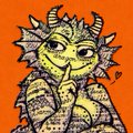 A pixel art drawing of a green, dragon-like creature with spikes, large eyes, and a thoughtful pose against an orange background.