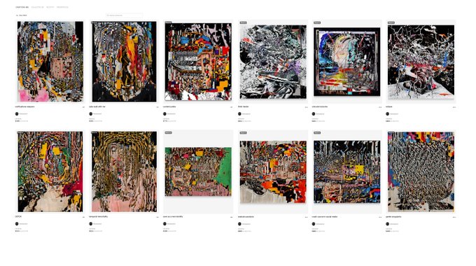 Grid display of abstract, colorful digital art pieces on what appears to be an NFT marketplace or gallery website, featuring chaotic mixed-media compositions with faces and patterns.