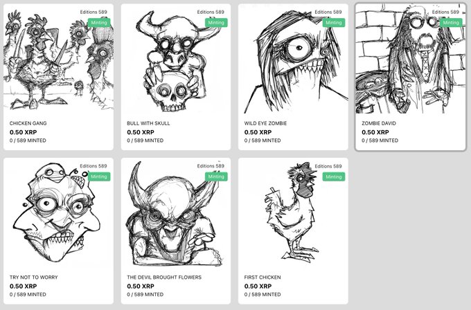 The image displays a gallery of seven hand-drawn ink sketches on an XRP Cafe marketplace, featuring macabre and quirky illustrations like "CHICKEN GANG," "BULL WITH SKULL," "WILD EYE ZOMBIE," and "THE DEVIL BROUGHT FLOWERS," each priced at 0.50 XRP with 0/589 editions minted. This directly relates to the artist's post about sharing favorite ink drawings as affordable limited-edition NFTs on @xrpcafe.