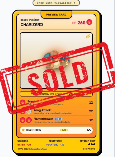 The image shows a Pokemon card that has been sold, with the seller's name and address displayed at the bottom of the card. The card features Charizard as its main Pokémon, which was listed for sale by the seller. The seller's contact information is also provided on the card.
