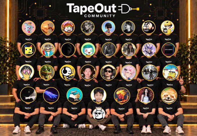 A promotional image for 'TapeOut Community' showing a group photo of people wearing matching black TapeOut t-shirts, with their faces replaced by various anime and character avatars arranged in a grid.