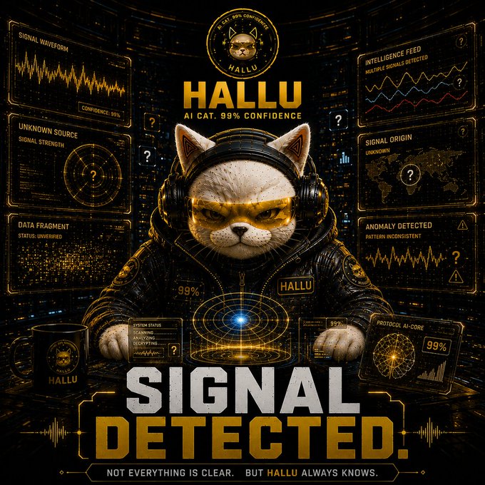 A futuristic, cyberpunk-style graphic featuring a cat wearing sunglasses and headphones in a tactical jacket, surrounded by data screens showing 'HALLU AI CAT. 99% CONFIDENCE', 'SIGNAL DETECTED', and various analytics readouts.