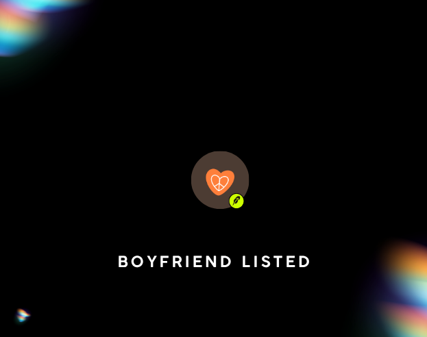 The image features a black background with a central icon of an orange heart containing a heartbeat line, accompanied by a small green leaf badge, and the text "BOYFRIEND LISTED" displayed prominently below the icon. This visually represents the announcement of the "Boyfriend" token's listing, as indicated by the accompanying post.