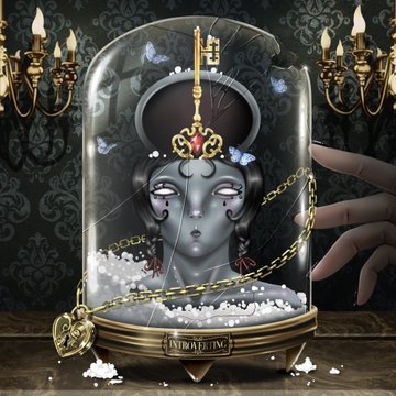 A dark, gothic digital illustration depicts a cracked glass dome containing a pale, closed-eyed figure with butterflies, a crown-like ornament, and a gold chain with a 'FINDING' medallion.