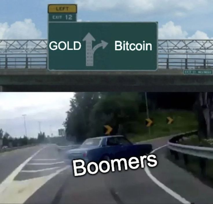 A 'left exit 12' highway sign meme shows arrows directing toward 'GOLD' and 'Bitcoin,' while a car labeled 'Boomers' takes the off-ramp away from both options.