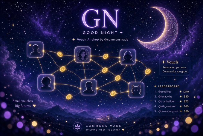A promotional graphic for 'GN Good Night' Vouch Airdrop by @commonsmade features a starry night sky with a crescent moon, interconnected user avatars, and a leaderboard with names like @seedling and @luna_vibe.