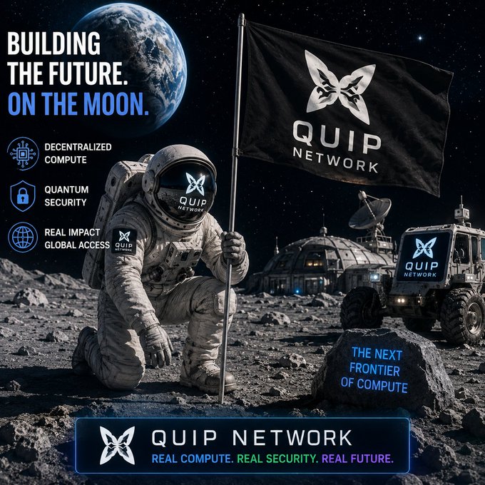The image features a man dressed as an astronaut holding a flag that says "QUIP Network" above his head, with a rocket ship in the background. The caption of the image reads "Building the future on the moon". This suggests that the image is promoting a new technology or idea related to space exploration and computing power.