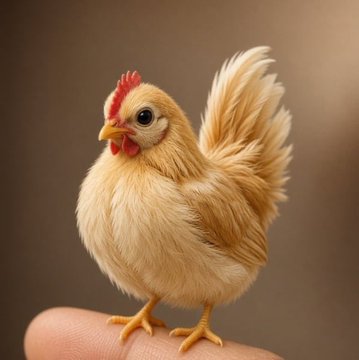 A tiny, fluffy buff-colored miniature chicken stands perched on a person's fingertip, with the post suggesting this cute, meme-worthy creature could help restore faith in memes on Pumpfun.
