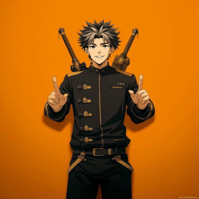 An anime-style illustration of a smiling young man with spiky brown hair wearing a black and gold military-style jacket, posing with both index fingers raised against an orange background.