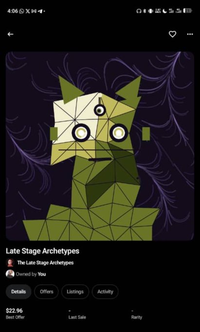 An NFT listing for 'Late Stage Archetypes' (Owned by You) showing a geometric animal portrait with a Best Offer of $22.96.
