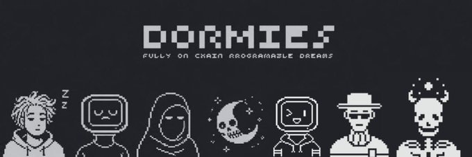 The image features a black banner with white text that reads "Dormies" along with five different cartoon characters, including a skull, a robot, a skeleton, a ghost, and a person wearing a hat. The characters are arranged in a horizontal line on the banner, creating an artistic and visually appealing design.