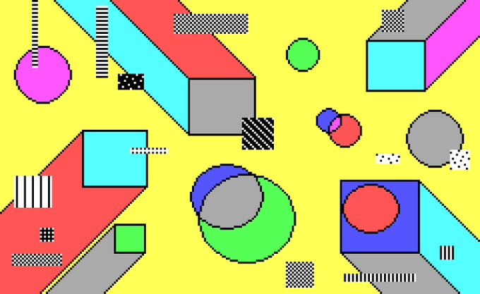 A vibrant Memphis Design style graphic featuring various geometric shapes, including squares, circles, and rectangles in bright colors like red, yellow, blue, and green, set against a yellow background.