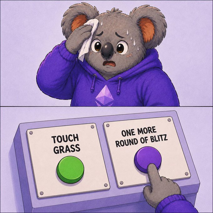 A two-panel cartoon illustration of a sweating koala wearing a purple Ethereum hoodie, looking stressed as it wipes its brow in the top panel, while in the bottom panel a hand chooses between a green 'TOUCH GRASS' button and a purple 'ONE MORE ROUND OF BLITZ' button.