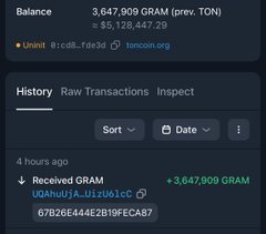 A screenshot of a TON wallet showing a balance of 3,647,909 GRAM and a recent transaction receiving 3,647,909 GRAM from address UQAhUjX...UiZUi1c.