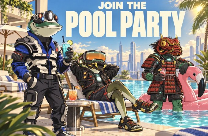 A vibrant illustrated poster reads 'JOIN THE POOL PARTY' and features three anthropomorphic characters in tactical gear relaxing by a pool, with one holding a flamingo float and drinks.