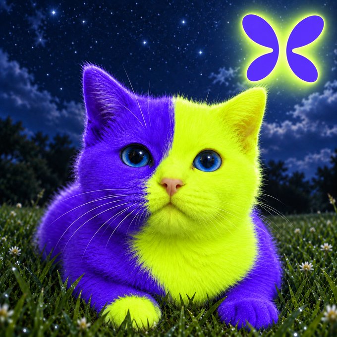 A digital artwork of a cat with split purple and neon yellow coloring sitting in grass under a starry night sky, with a matching butterfly logo in the upper right.