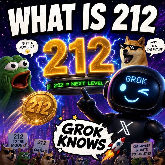 A meme-style graphic features the glowing golden number "212" alongside a robot labeled "GROK" and various internet meme characters (Kermit, Doge), with text bubbles reading "IS IT A NUMBER?" and "NOPE... IT'S THE FUTURE," plus a banner stating "212 = NEXT LEVEL" and "GROK KNOWS." The image playfully visualizes the post's speculation about "212" being a mysterious new memecoin concept, with surrounding signs like "212 TO THE MOON" reinforcing the crypto hype theme.
