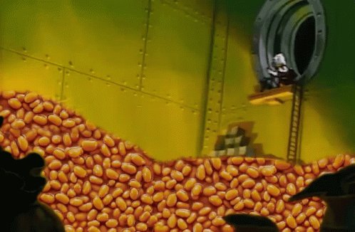 urn of beans, cartoon character, and ladder against a green wall with yellow pipes.
