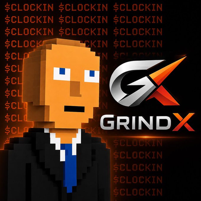 A promotional graphic featuring a blocky, pixelated orange character in a suit and tie alongside the 'GRINDX' logo, set against a background repeating the text '$CLOCKIN' in orange.